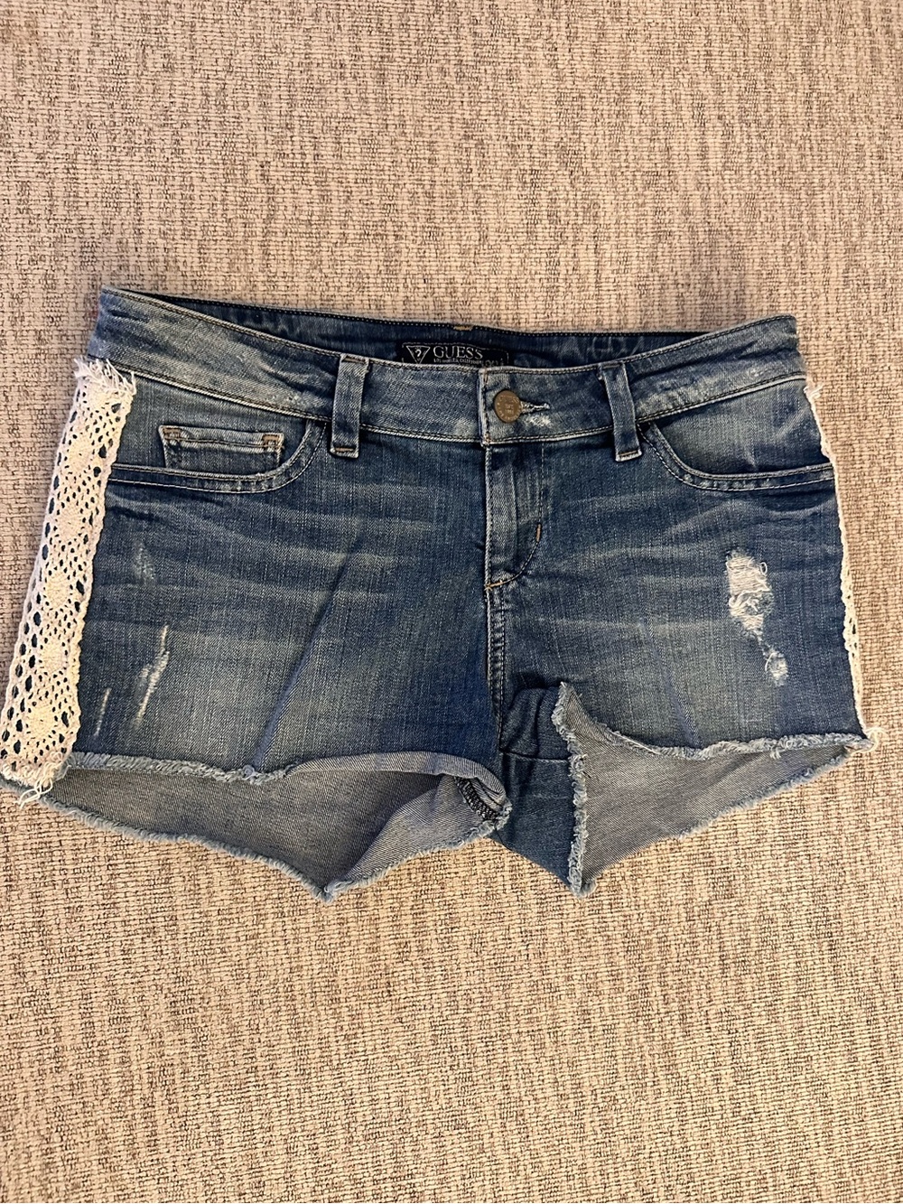 GUESS Denim Crochet-Trim Denim Shorts Size 28